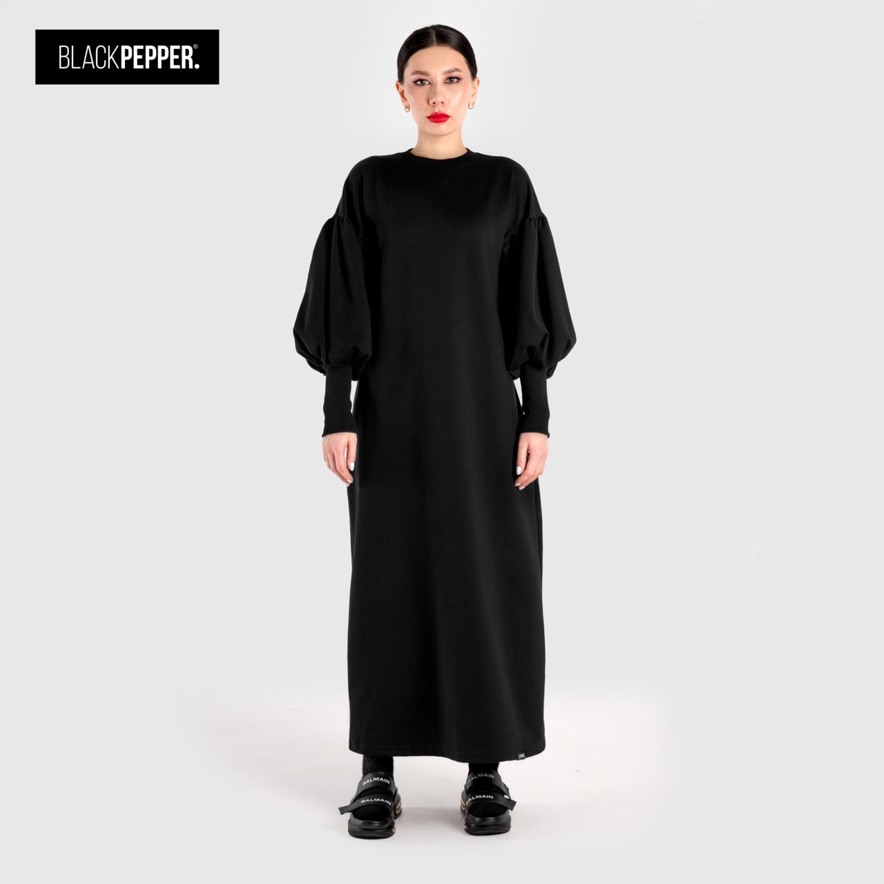 BLACK MAXI DRESS WITH PUFFY SLEEVES