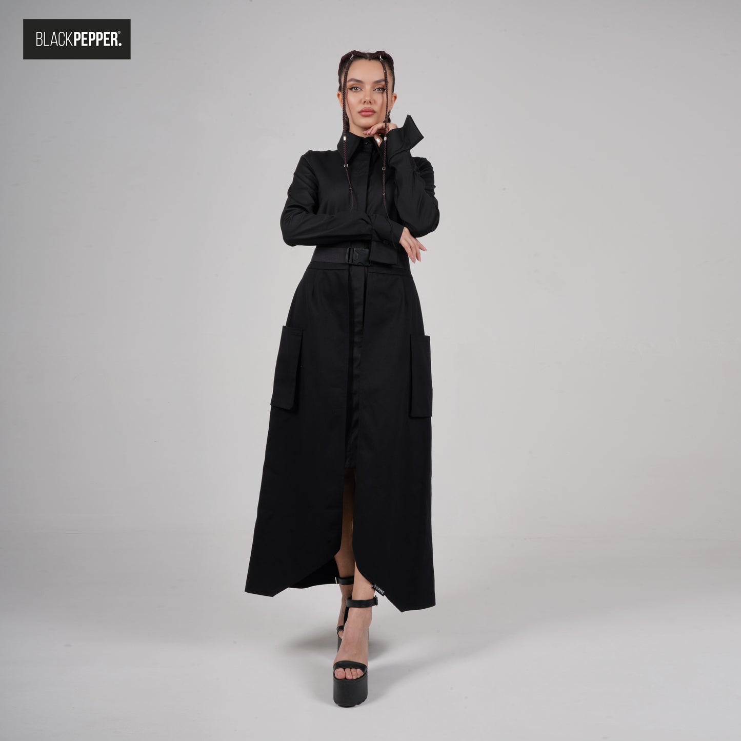 BLACK MAXI PEPLUM WITH PATCH POCKETS SET