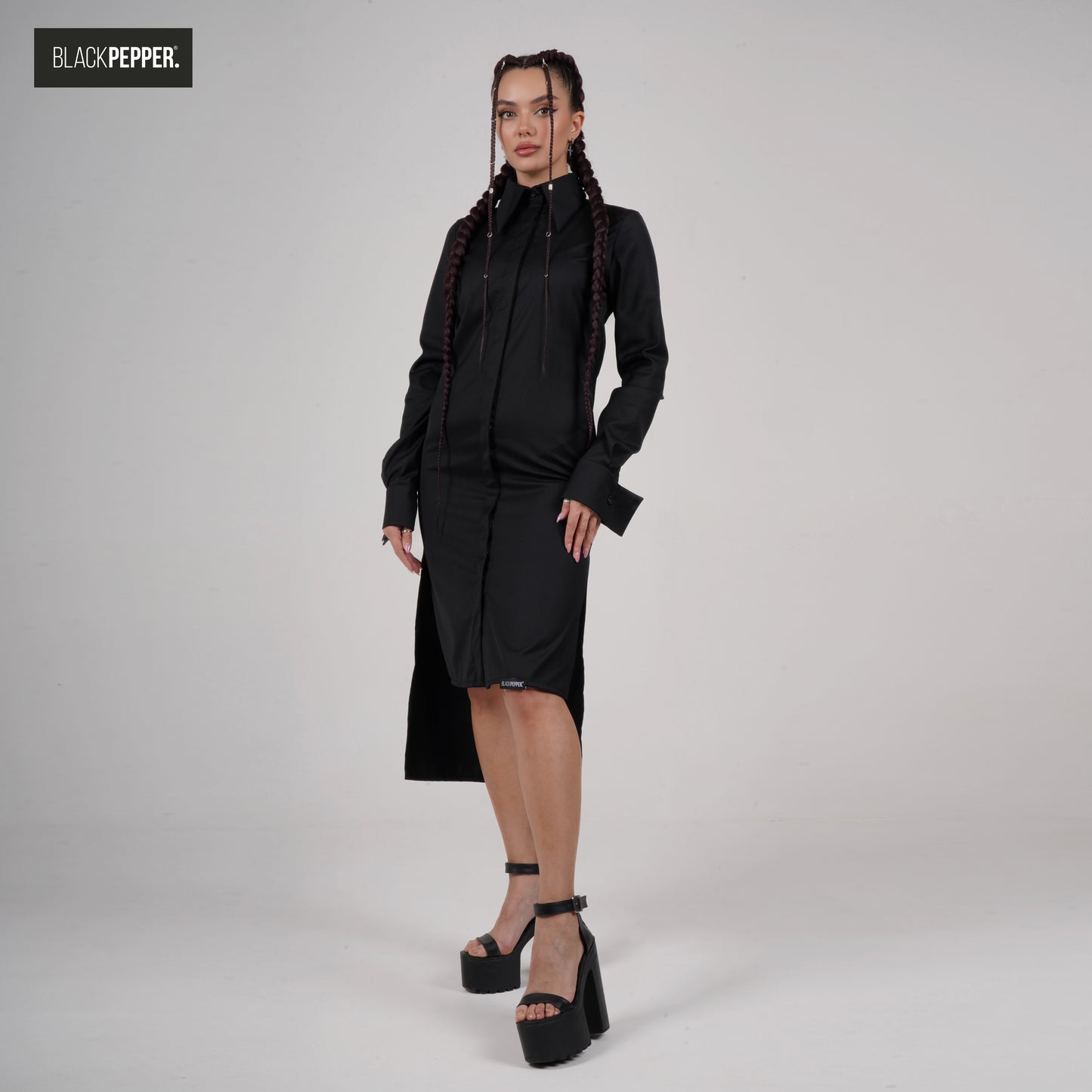 SHIRT DRESS WITH HIGH SLITS BLACK AND WHITE