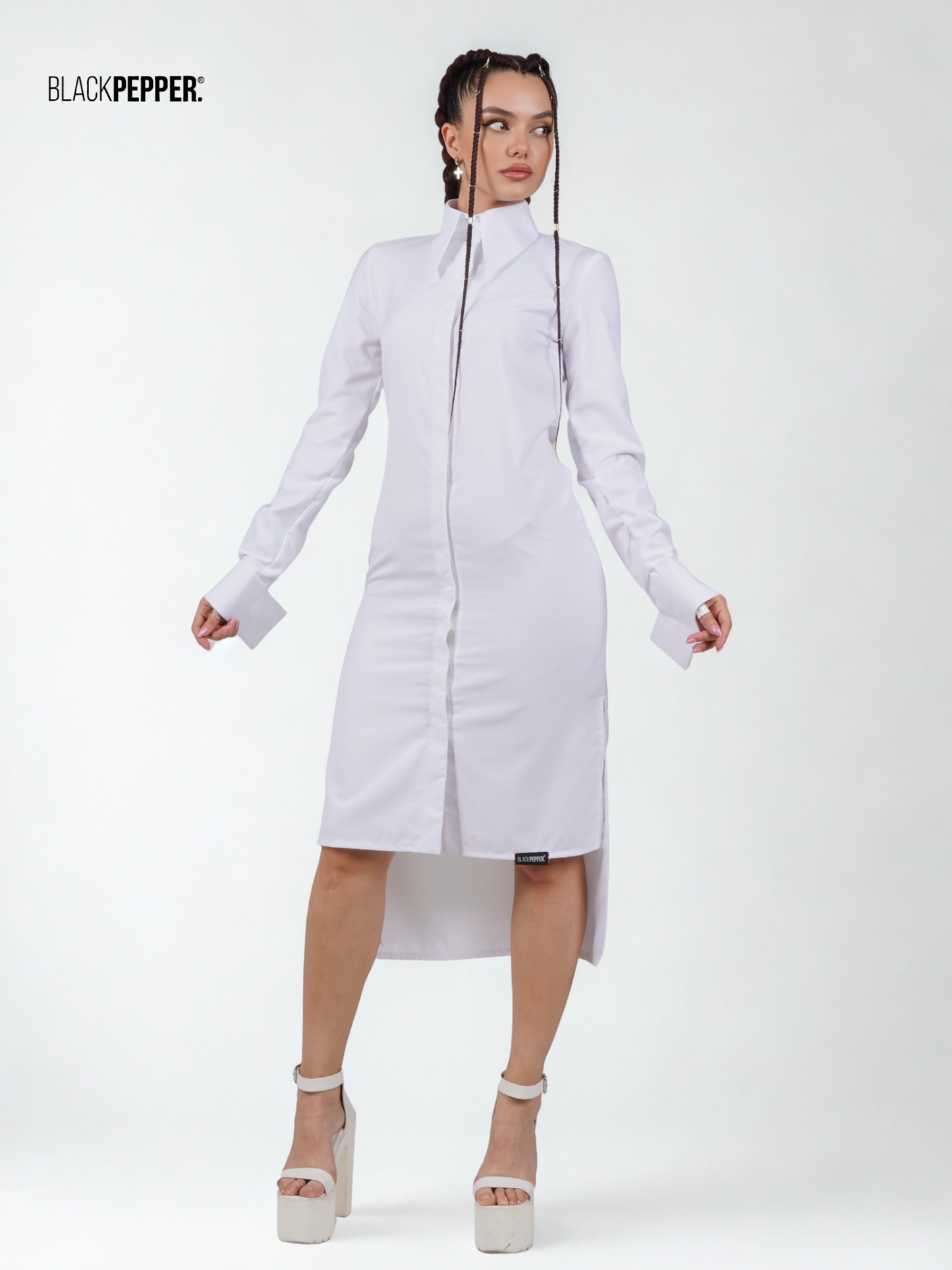 SHIRT DRESS WITH HIGH SLITS BLACK AND WHITE