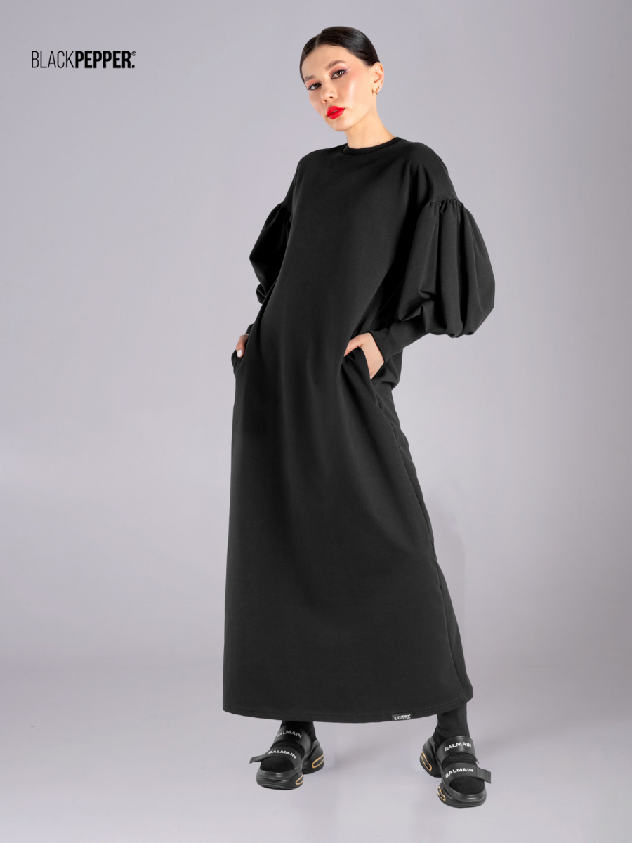 BLACK MAXI DRESS WITH PUFFY SLEEVES