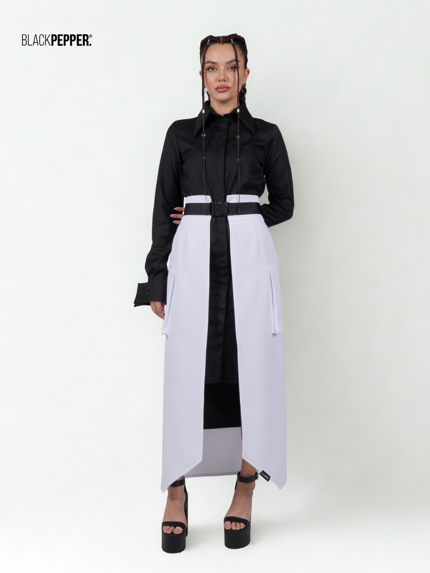 WHITE  AND BLACK MAXI PEPLUM WITH PATCH POCKETS SET