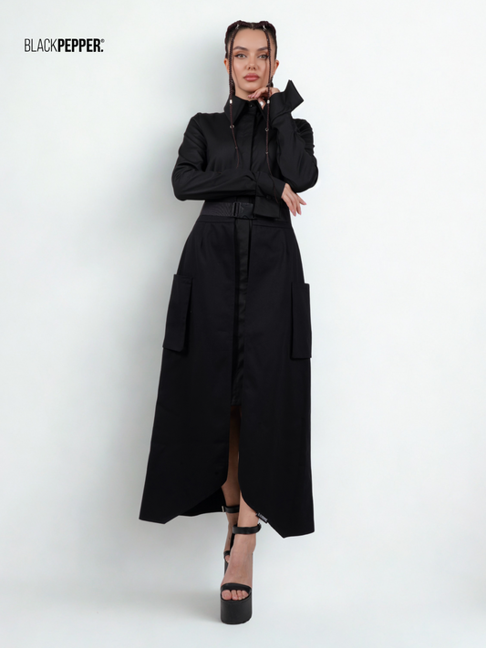 BLACK MAXI PEPLUM WITH PATCH POCKETS SET