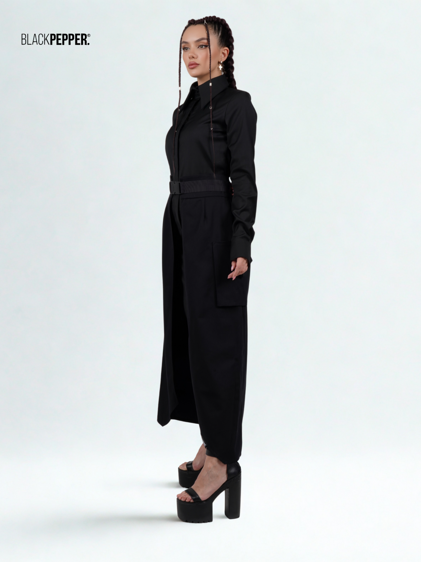 BLACK MAXI PEPLUM WITH PATCH POCKETS SET