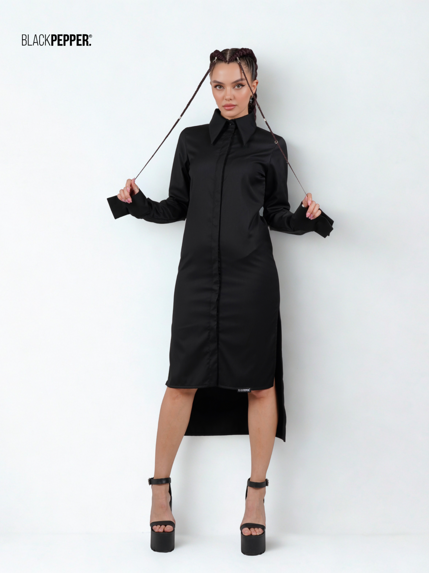 SHIRT DRESS WITH HIGH SLITS BLACK AND WHITE