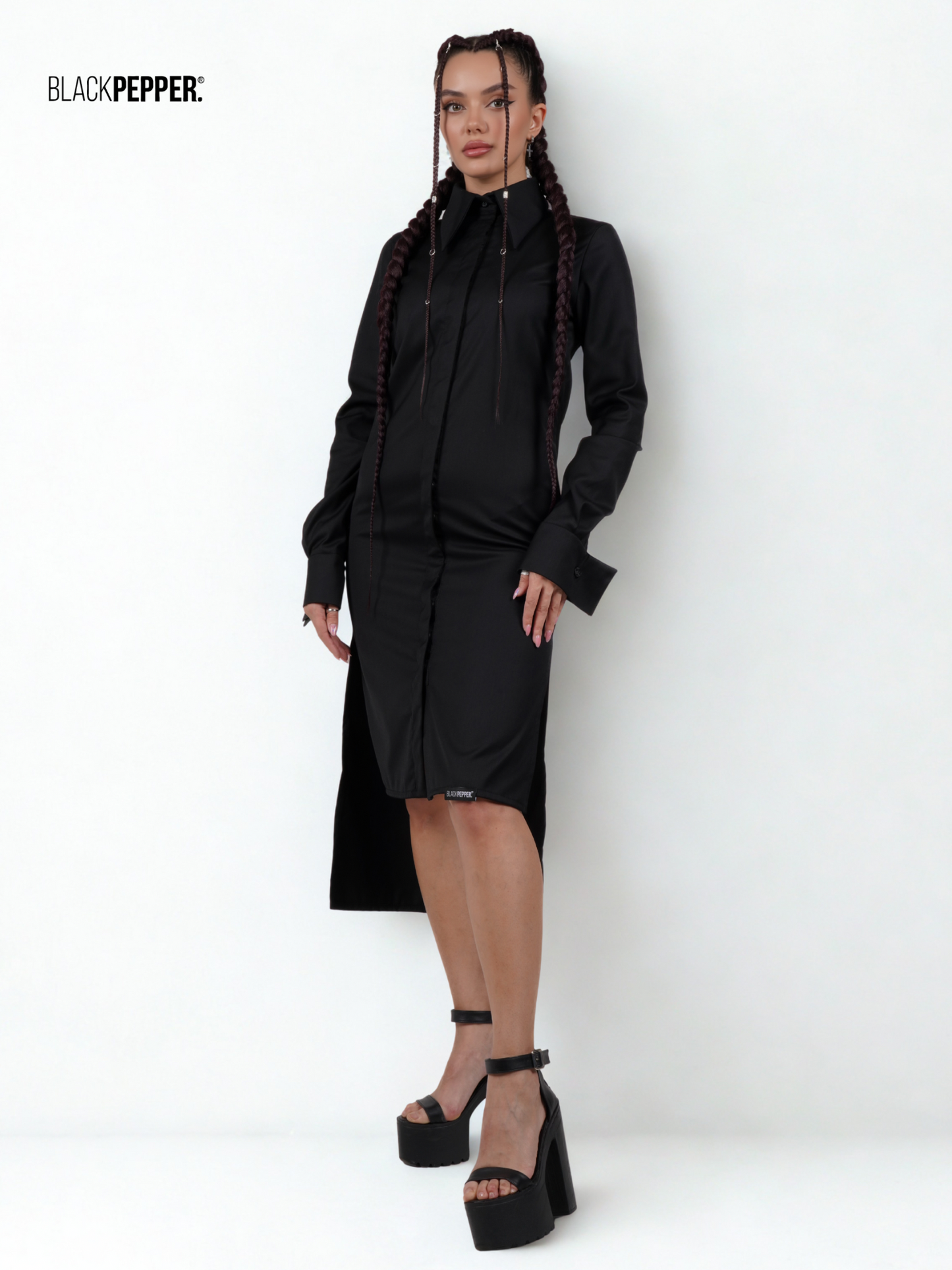 SHIRT DRESS WITH HIGH SLITS BLACK AND WHITE