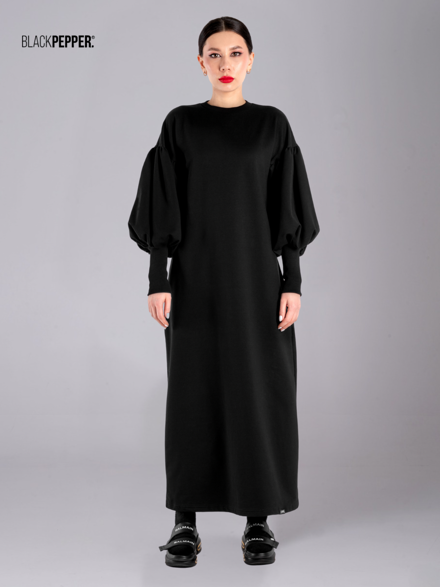 BLACK MAXI DRESS WITH PUFFY SLEEVES