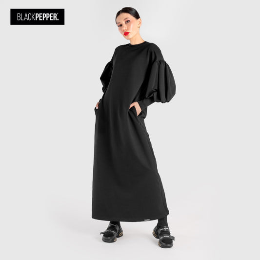 BLACK MAXI DRESS WITH PUFFY SLEEVES