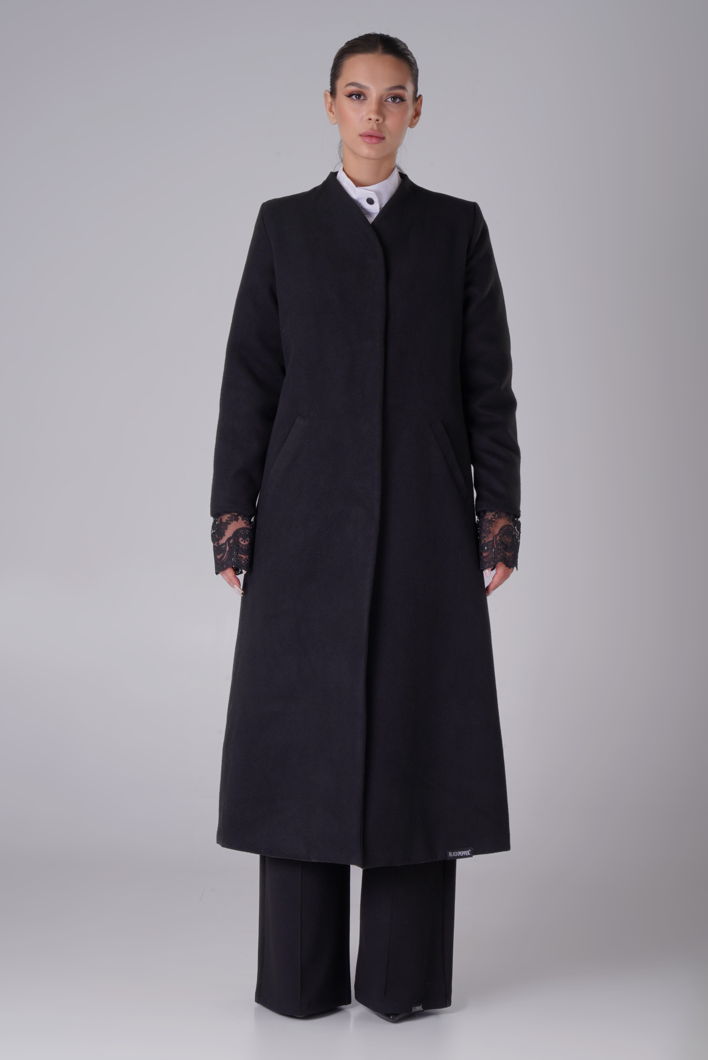 WARM COAT WITH LACE SLEEVES