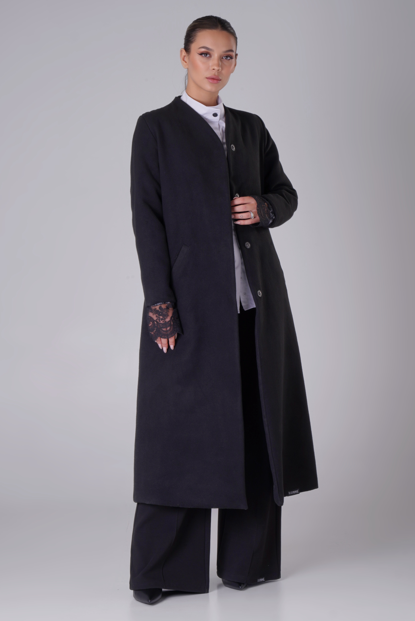 WARM COAT WITH LACE SLEEVES