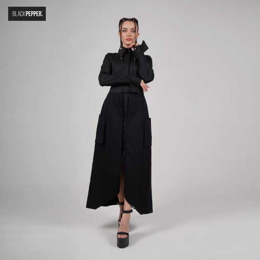 BLACK MAXI PEPLUM WITH PATCH POCKETS SET