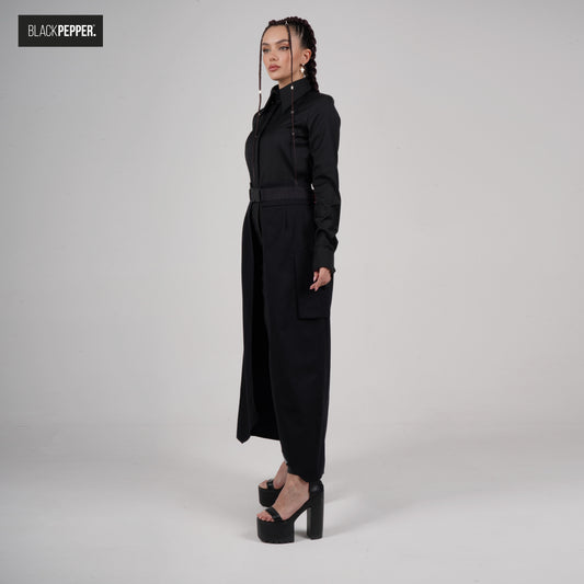 BLACK MAXI PEPLUM WITH PATCH POCKETS SET