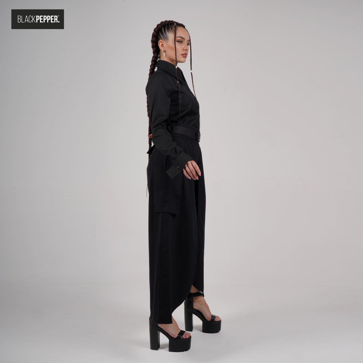 BLACK MAXI PEPLUM WITH PATCH POCKETS SET