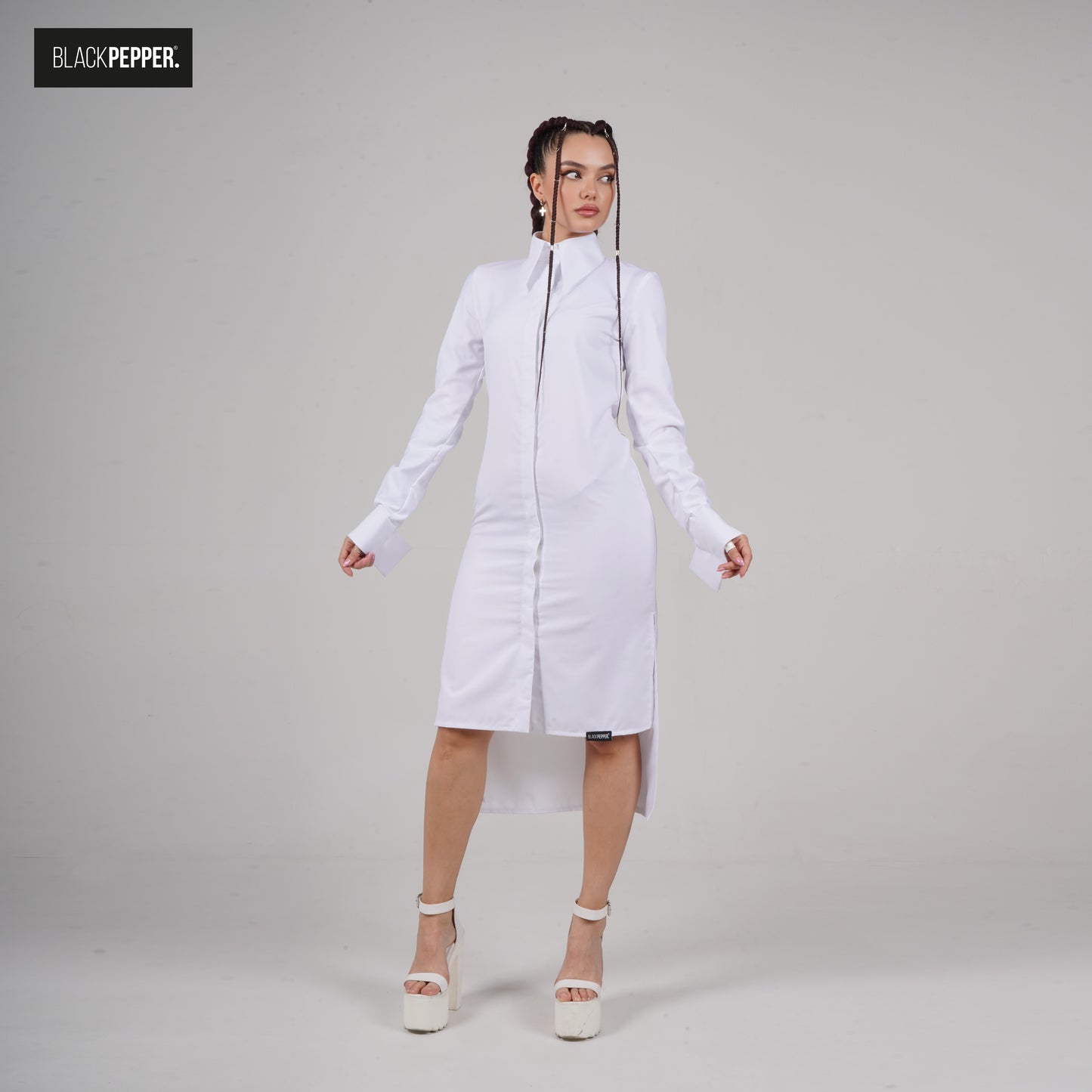 SHIRT DRESS WITH HIGH SLITS BLACK AND WHITE