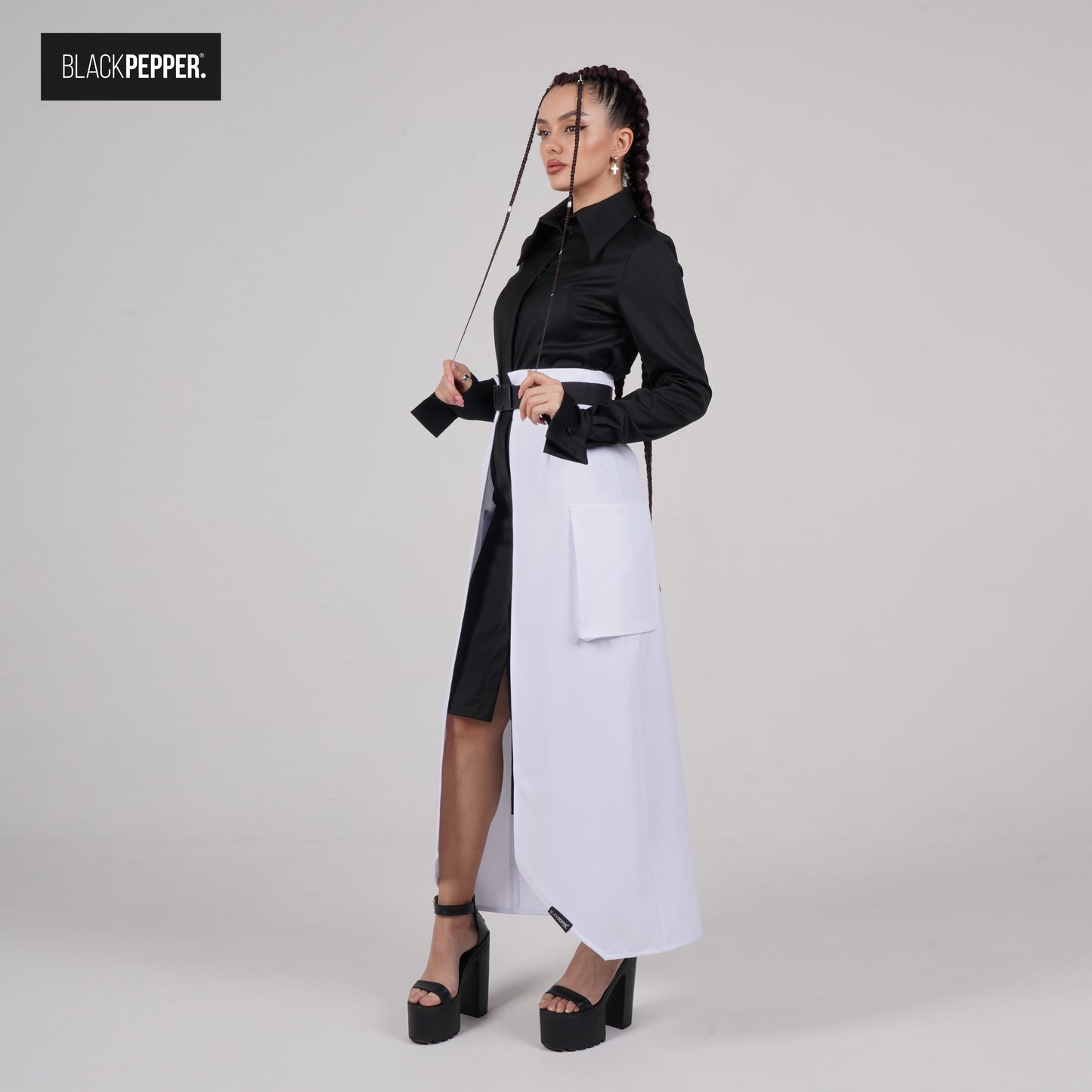 WHITE  AND BLACK MAXI PEPLUM WITH PATCH POCKETS SET