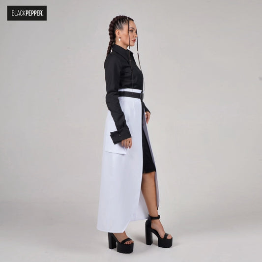 WHITE  AND BLACK MAXI PEPLUM WITH PATCH POCKETS SET