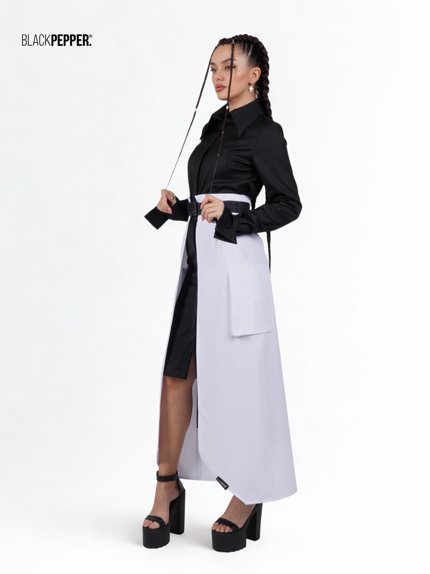 WHITE  AND BLACK MAXI PEPLUM WITH PATCH POCKETS SET