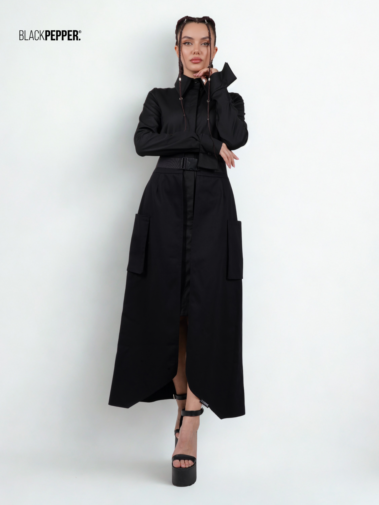 BLACK MAXI PEPLUM WITH PATCH POCKETS SET