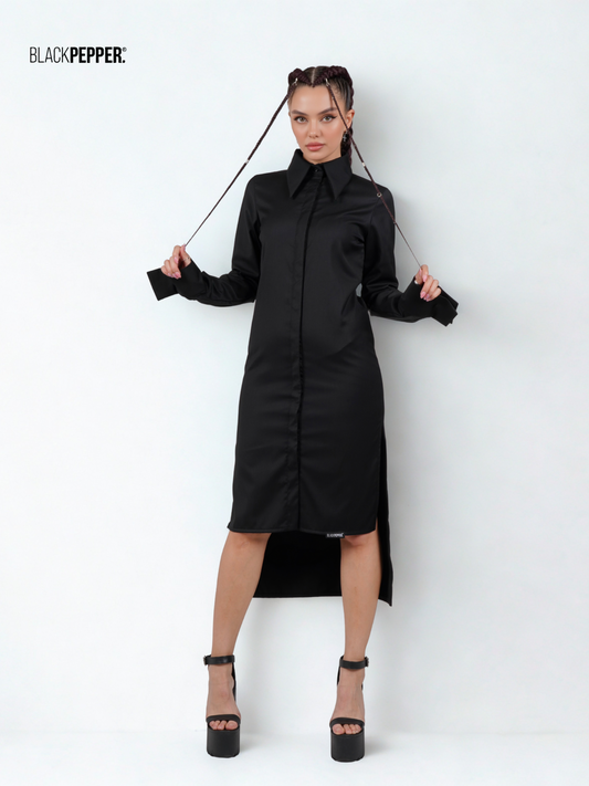 SHIRT DRESS WITH HIGH SLITS BLACK AND WHITE